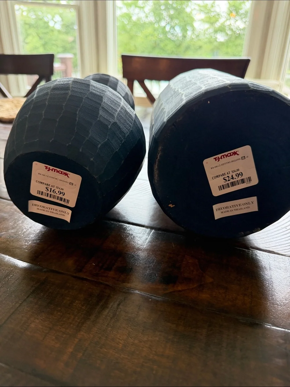 Blue Textured Wood Decorative Vases - Set of 2